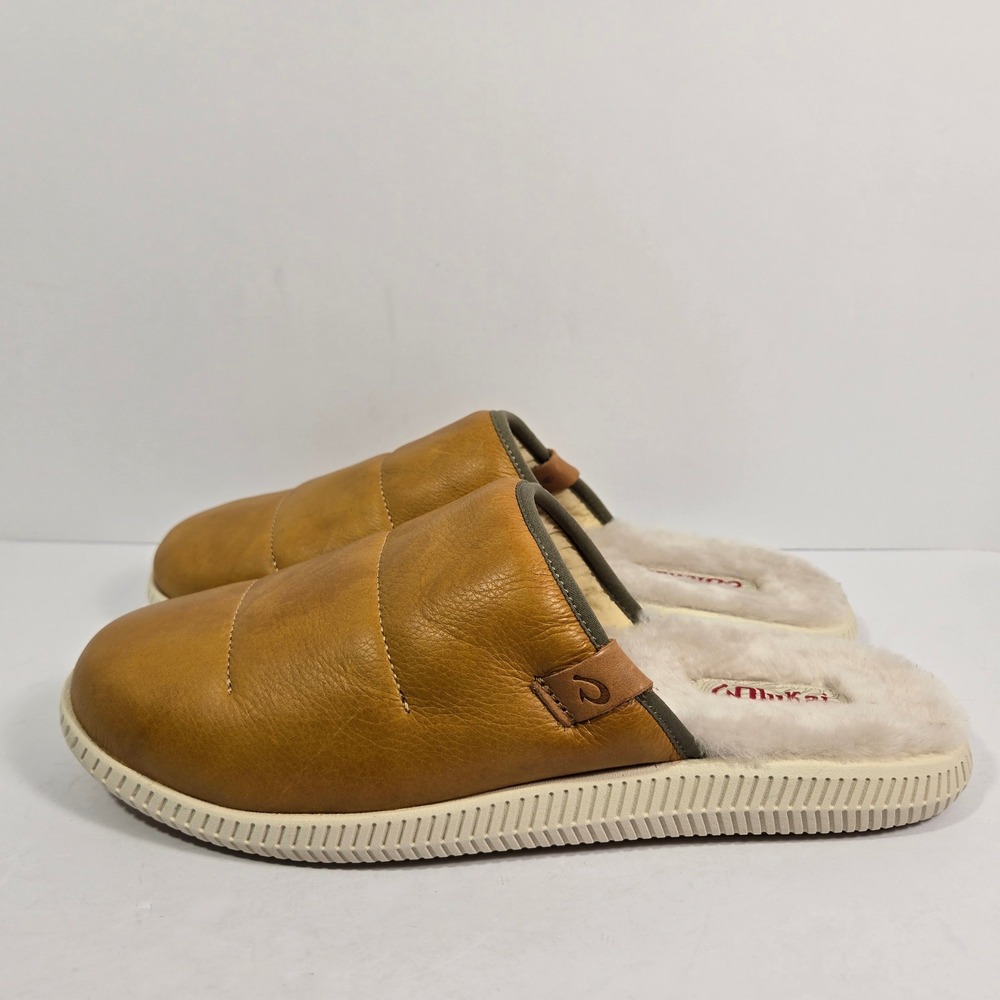Olukai Mua 'Ili Mens Leather Slippers Tan Brown Shearling Lined 10502-GS19 Sz 10